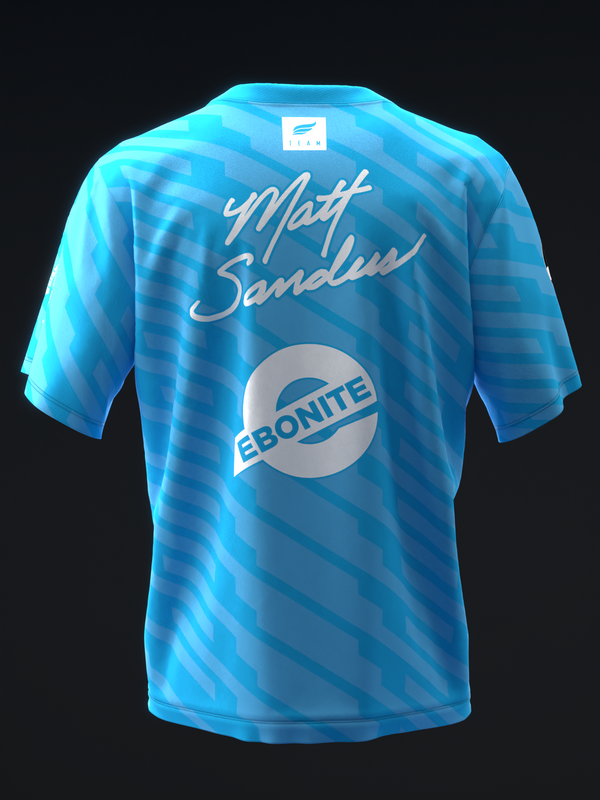 Bright blue bowling jersey with diagonal stripes and signature graphics, back view
