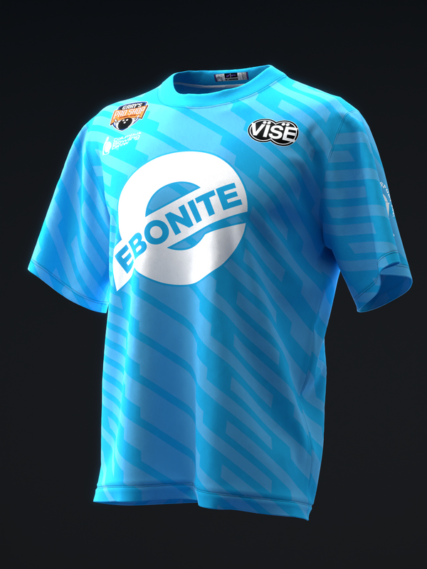 Bright blue bowling jersey with diagonal stripe pattern and Ebonite logo front view