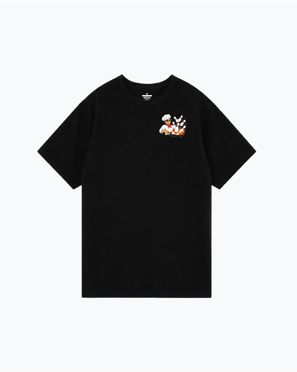 Black bowling t-shirt with small front chest graphic of chef character