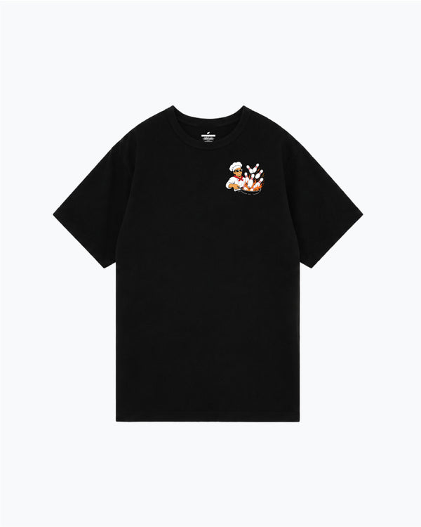 Black bowling t-shirt with small front chest graphic of chef character