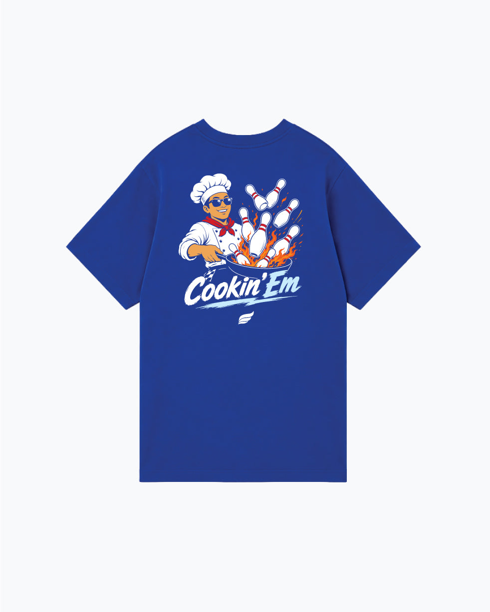 Royal blue t-shirt with chef character and bowling pins graphic