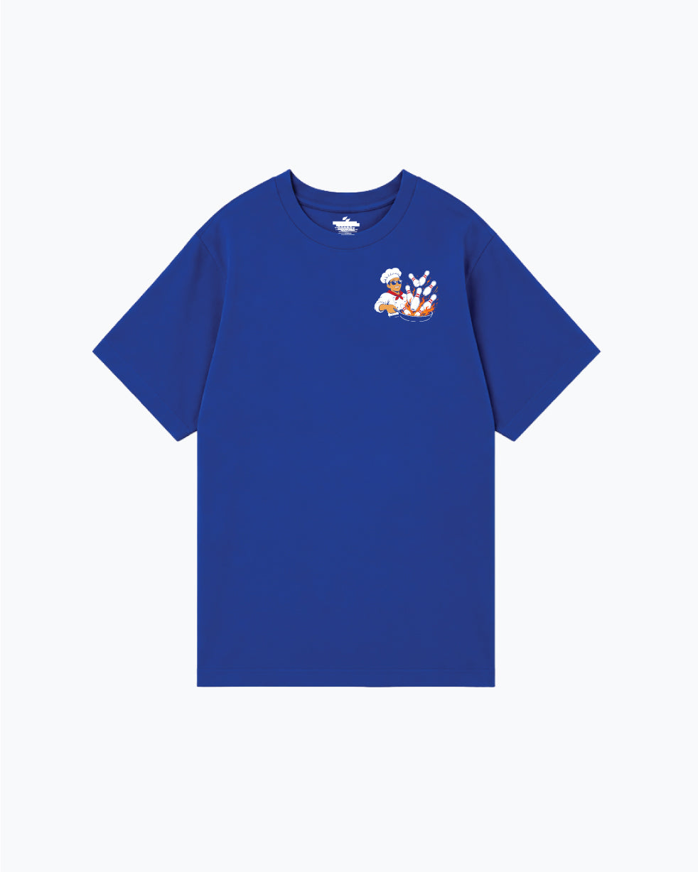 Royal blue t-shirt with small cartoon bowling character graphic on chest