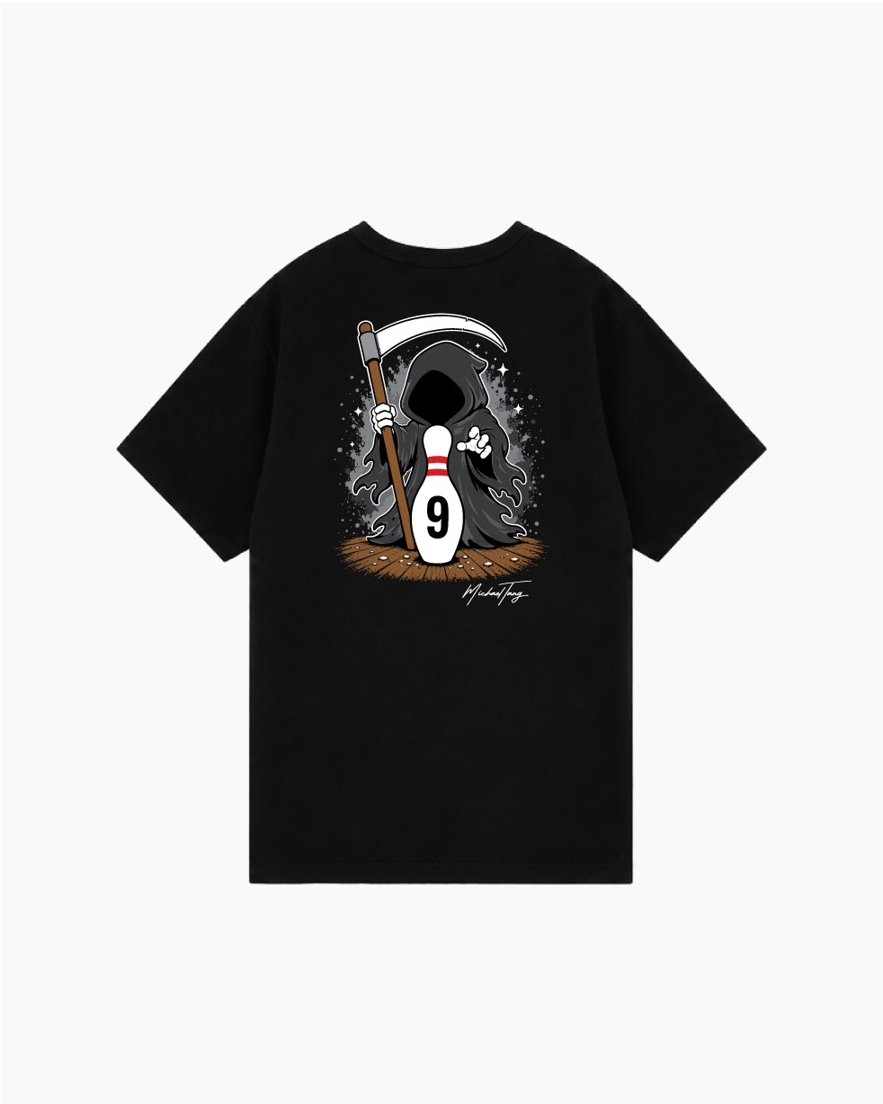 Black t-shirt with grim reaper holding scythe and bowling pin graphic