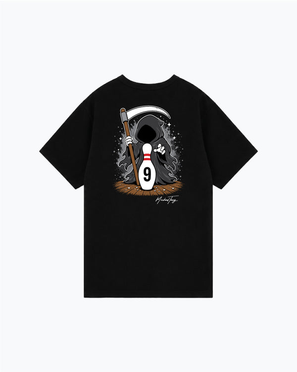 Black t-shirt with grim reaper holding scythe and bowling pin graphic