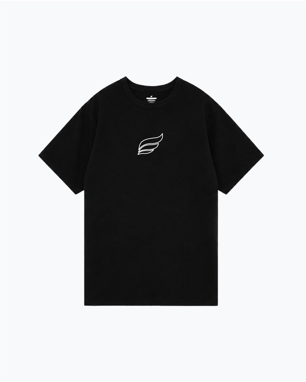 Black short sleeve t-shirt with small white leaf graphic on chest