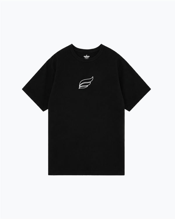 Black short sleeve t-shirt with small white leaf graphic on chest