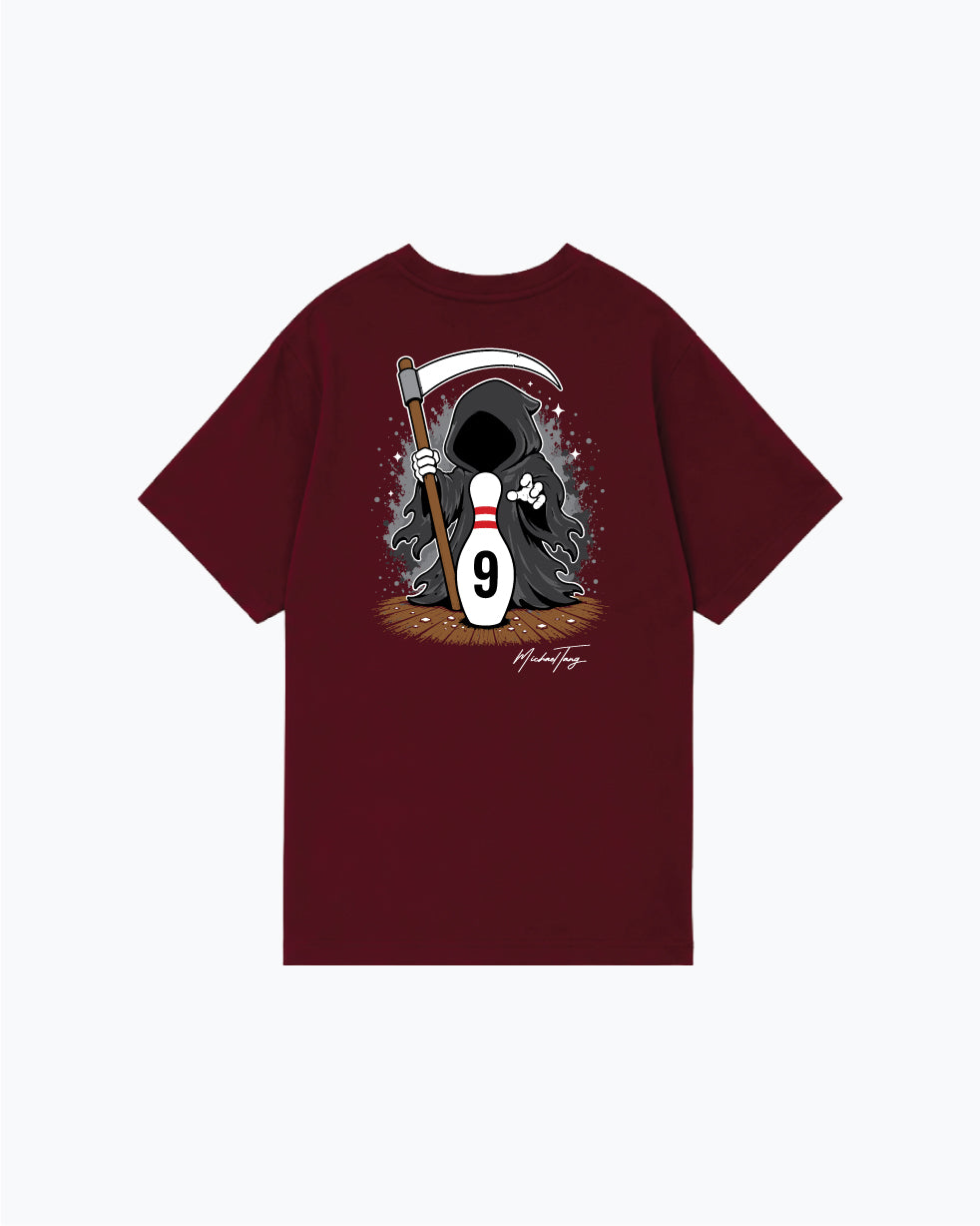 Burgundy tee with grim reaper, bowling pin nine, and bat graphic