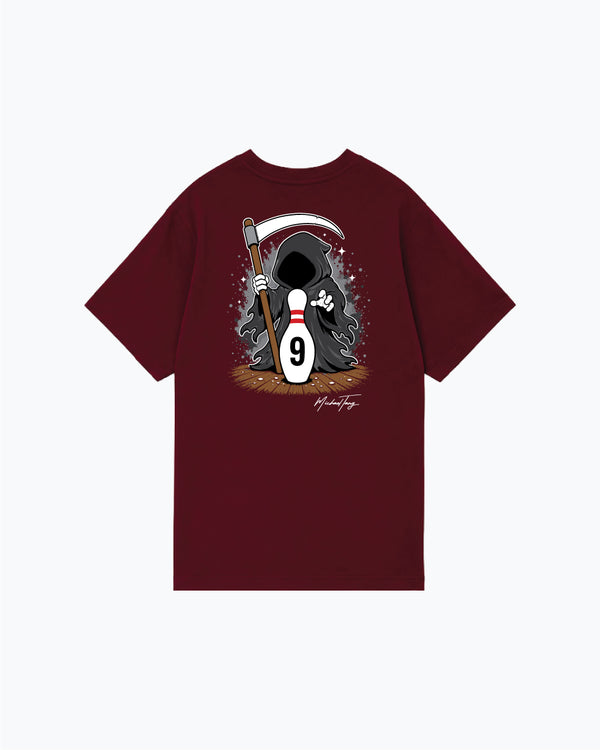 Burgundy tee with grim reaper, bowling pin nine, and bat graphic