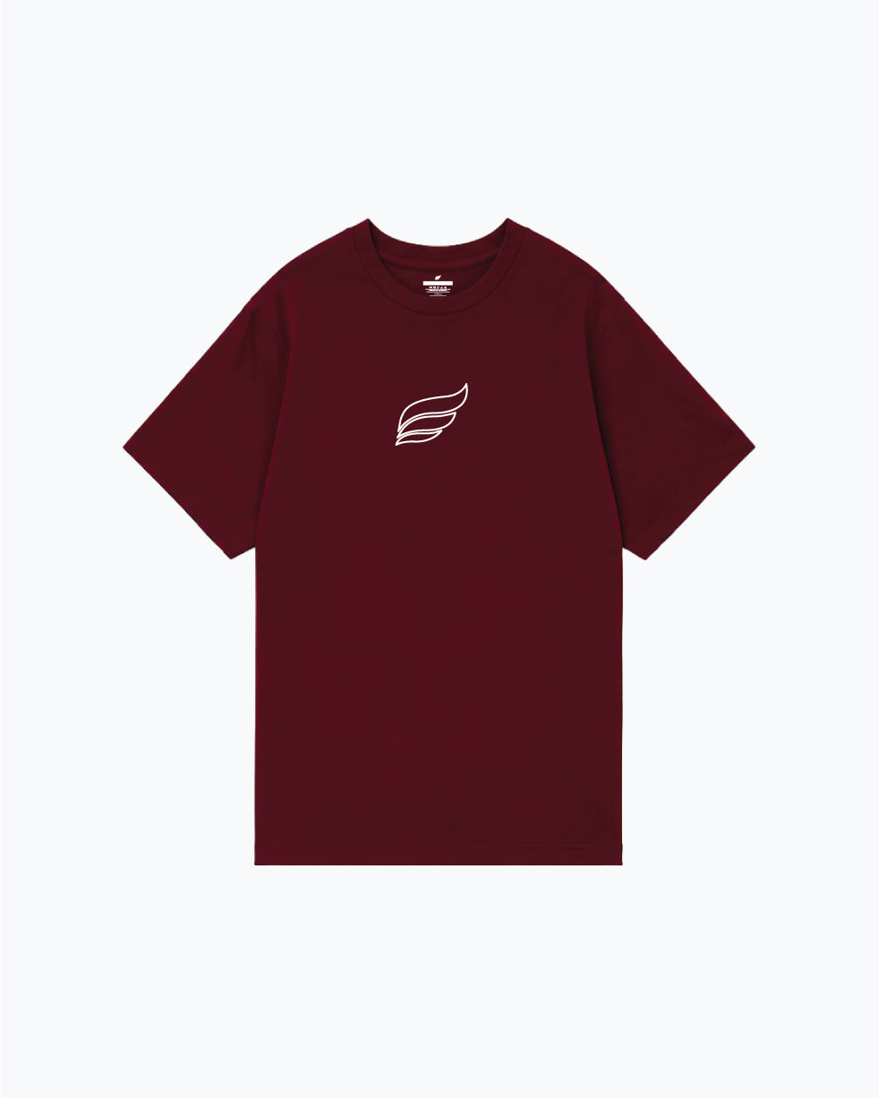Burgundy tee with grim reaper, bowling pin nine, and bat graphic