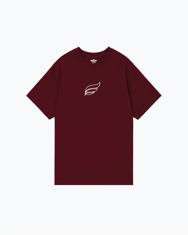 Burgundy short-sleeve tee with small white wing graphic on chest