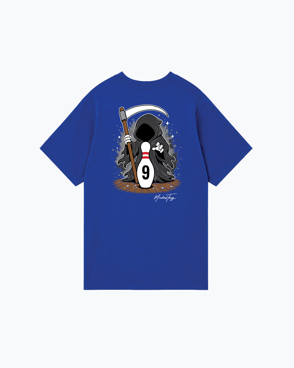 Royal blue t-shirt featuring grim reaper holding bowling pin and ball graphic