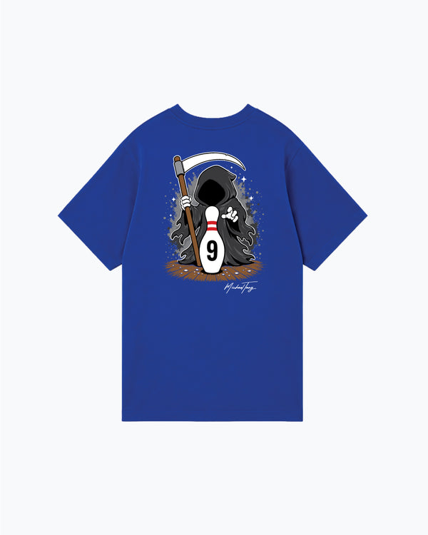 Royal blue t-shirt featuring grim reaper holding bowling pin and ball graphic