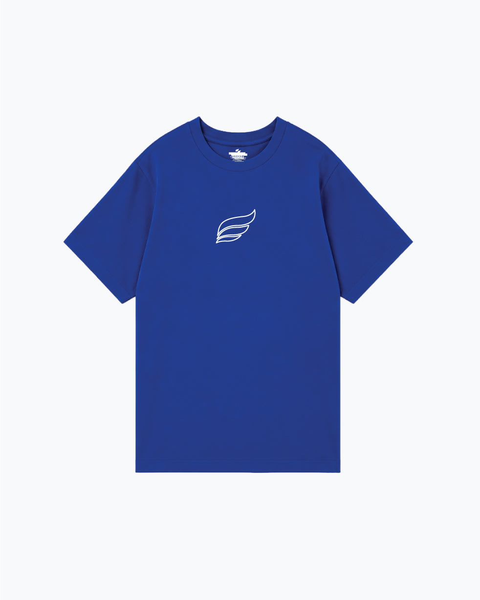Royal blue t-shirt with small white wing graphic on front