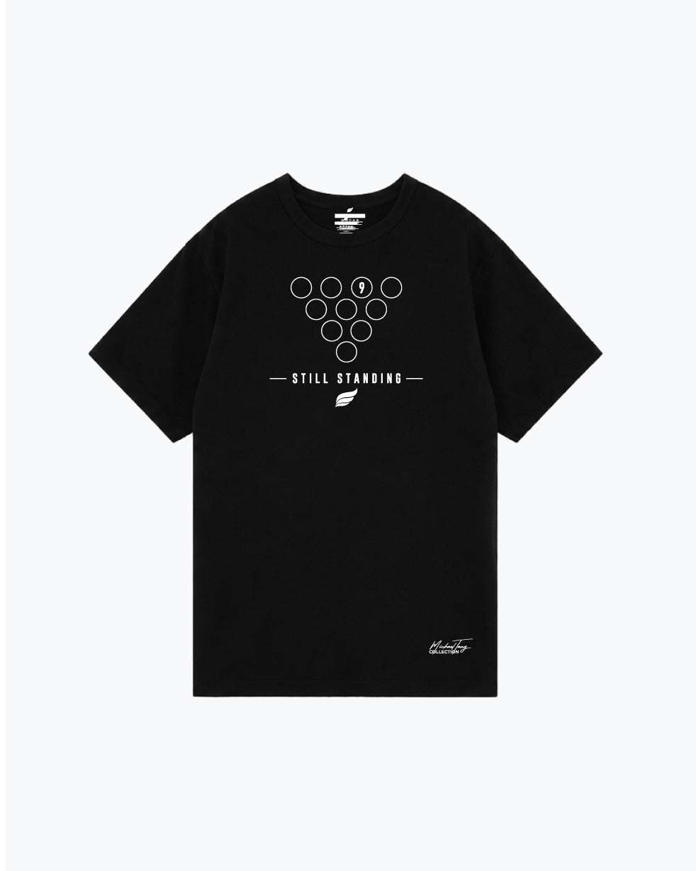 Black t-shirt with bowling pins graphic and Still Standing text