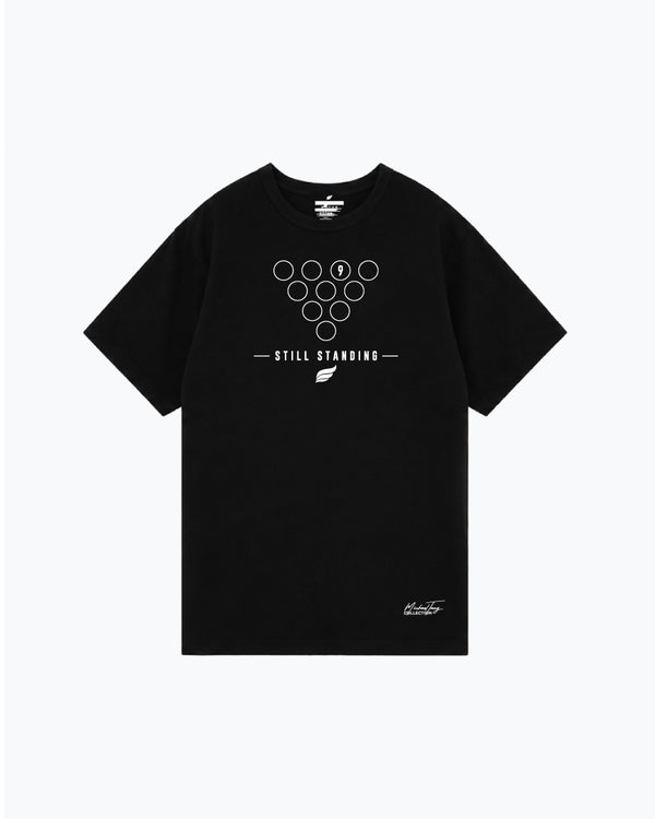Black t-shirt with bowling pins graphic and Still Standing text