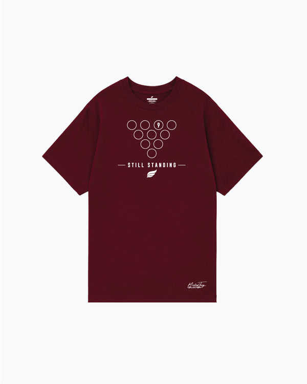 Burgundy t-shirt with bowling pin formation graphic and still standing text