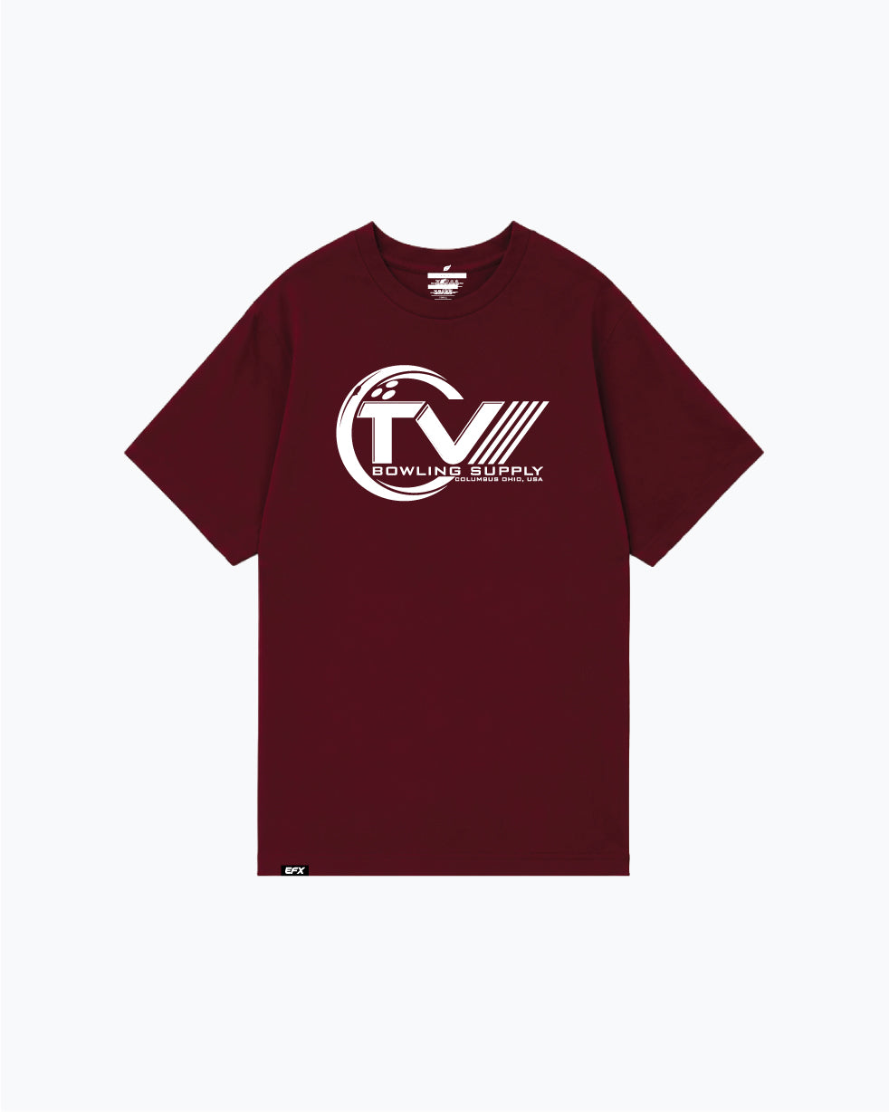 Burgundy t-shirt with white TVBS bowling supply logo on front