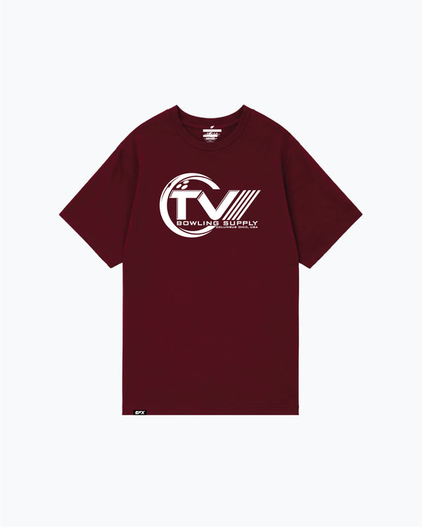 Burgundy t-shirt with white TVBS bowling supply logo on front