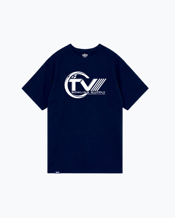 Navy blue t-shirt with white TVBS Bowling Supply logo on front
