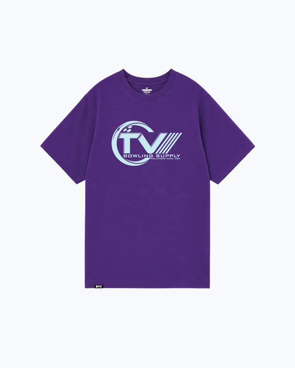 Purple t-shirt with silver TVBS bowling supply logo on front