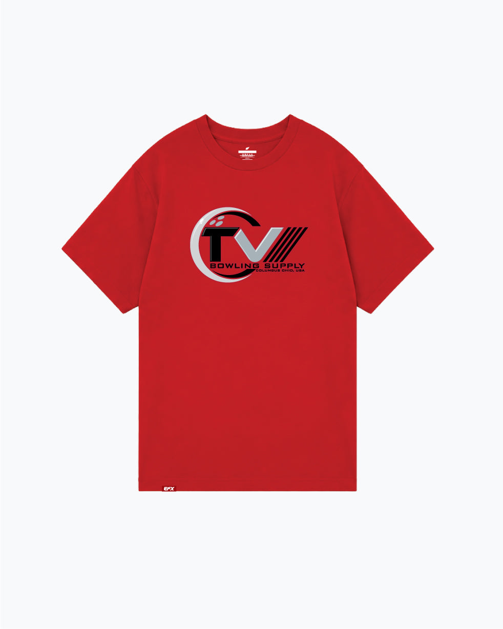 Red bowling t-shirt with circular logo graphic and text design on front