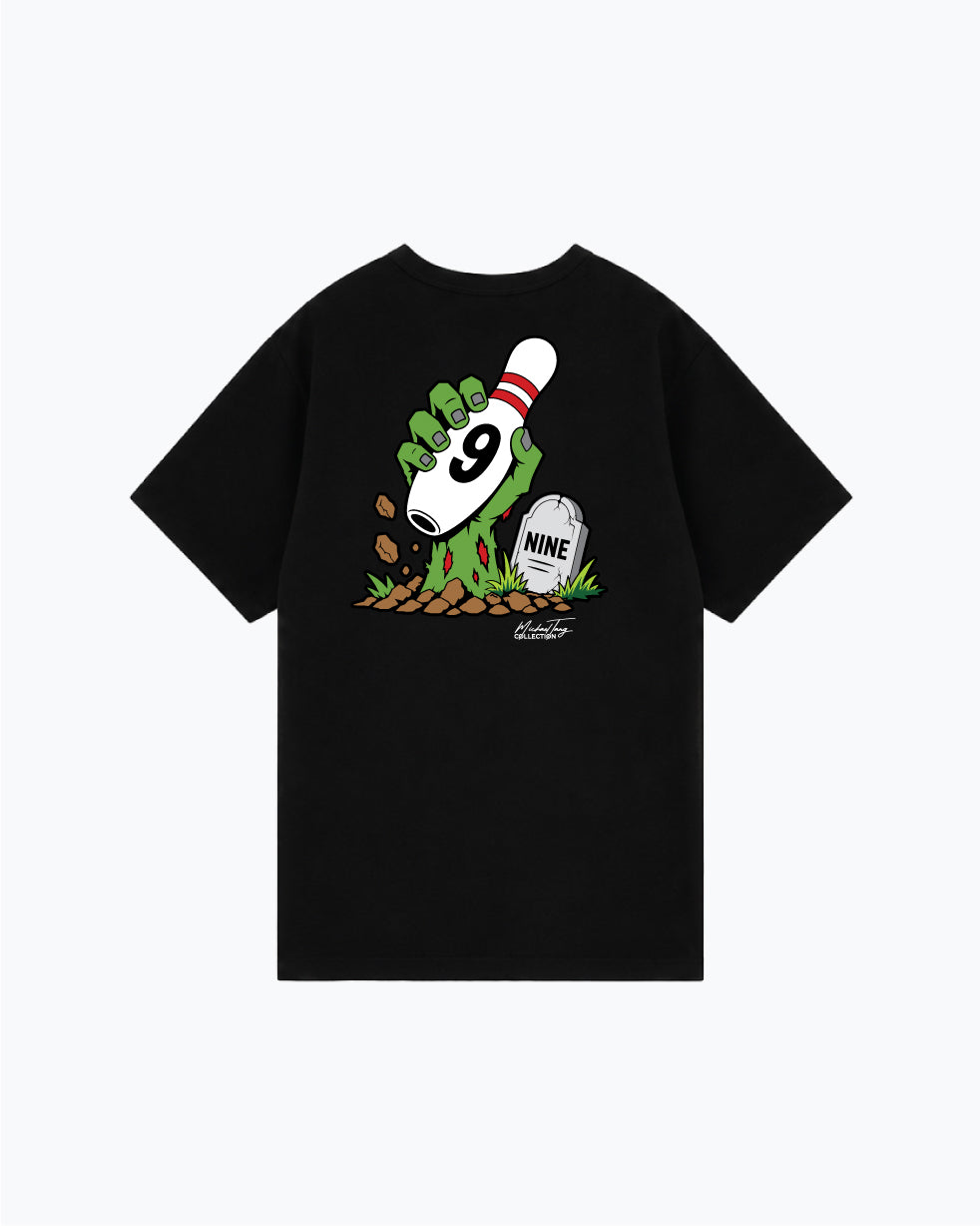 Black t-shirt with green zombie bowling pin graphic design on back