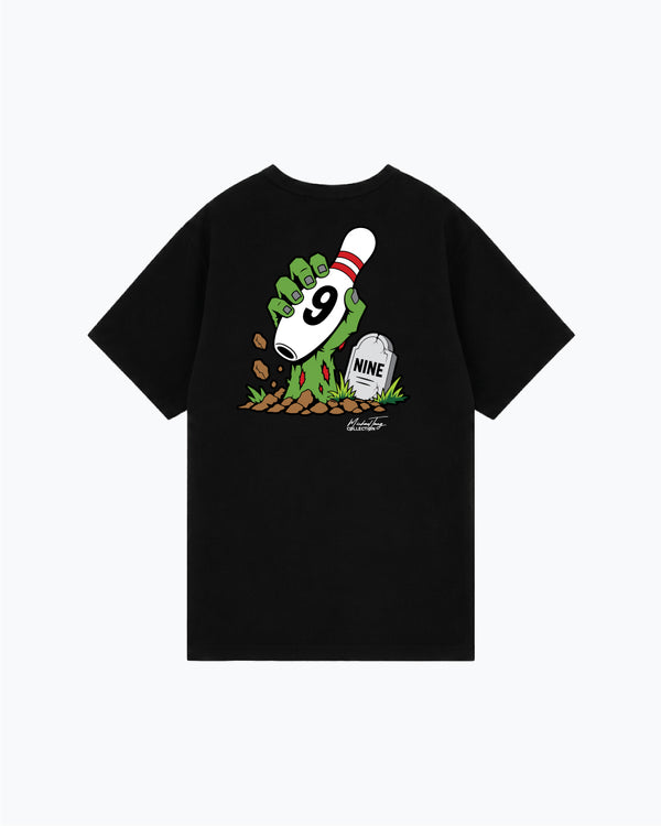 Black t-shirt with green zombie bowling pin graphic design on back