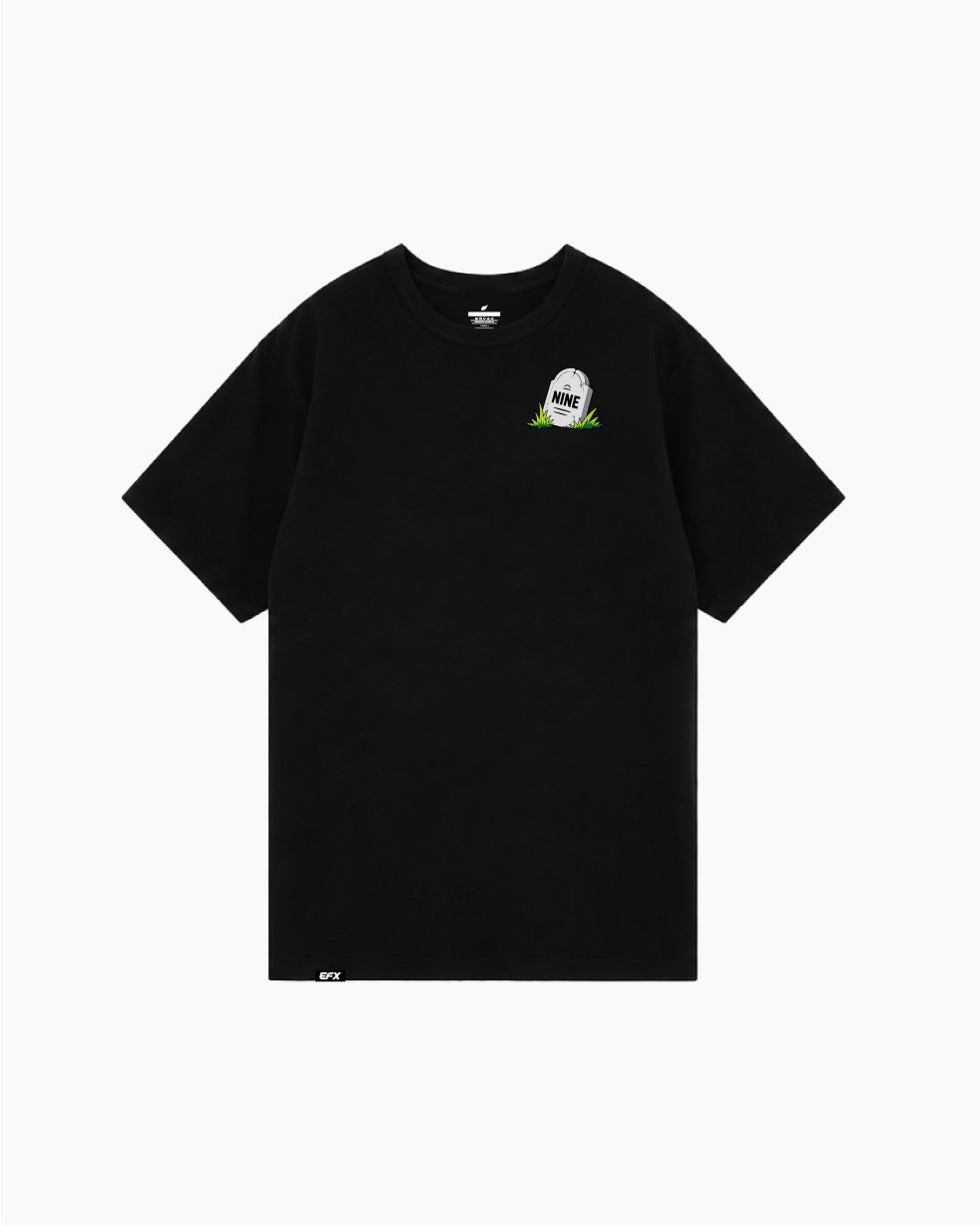 Black t-shirt with small zombie bowling graphic on left chest