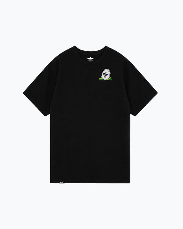 Black t-shirt with small zombie bowling graphic on left chest