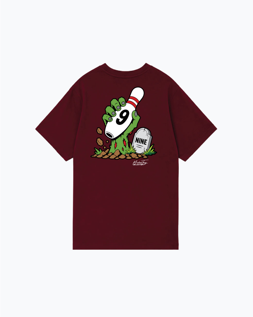 Burgundy t-shirt with zombie hand holding bowling pin graphic on back