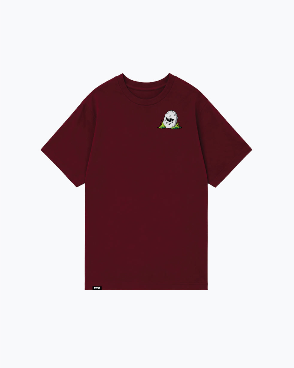 Burgundy t-shirt with zombie hand holding bowling pin graphic on back