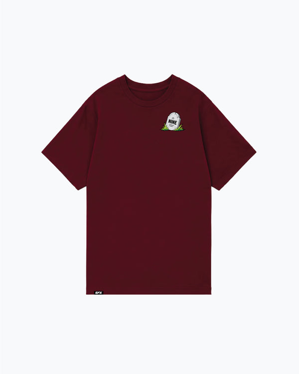 Burgundy bowling tee with small zombie graphic on chest