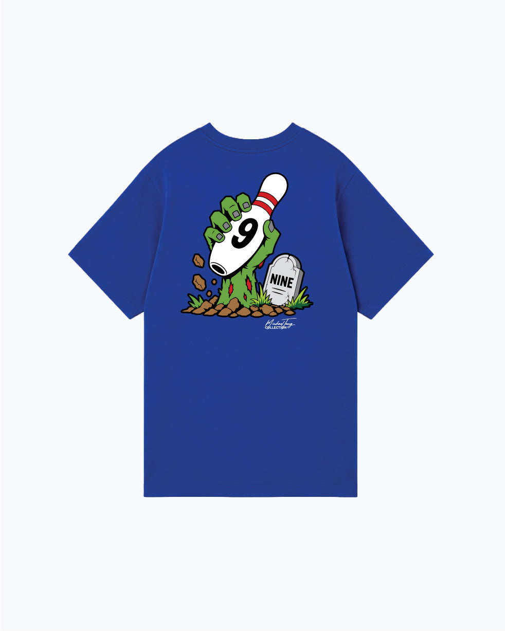 Royal blue tee with zombie hand holding bowling pin graphic on back