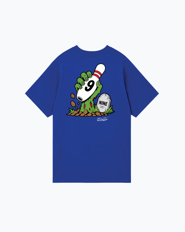 Royal blue tee with zombie hand holding bowling pin graphic on back