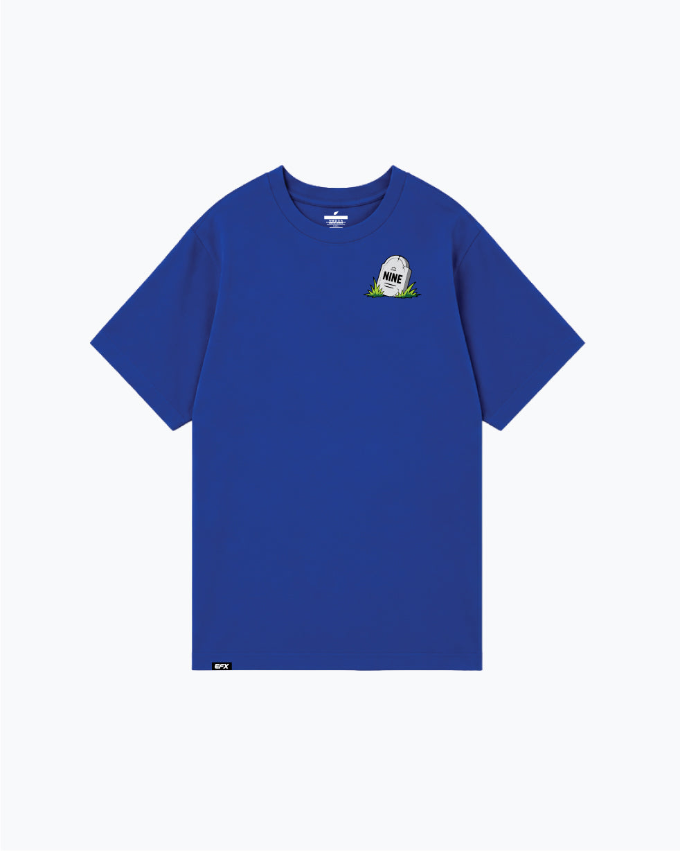 Royal blue t-shirt with small zombie bowling graphic on chest