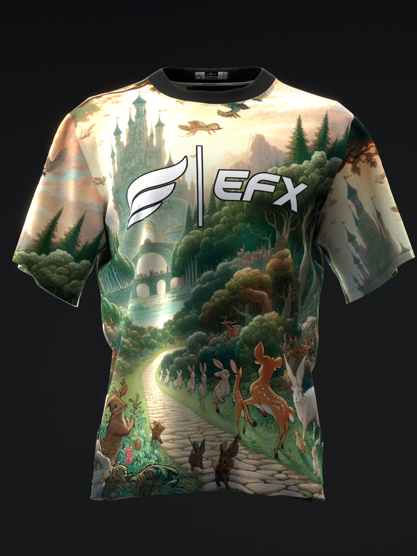 Cream and green fantasy landscape bowling jersey with EFX logo, front view