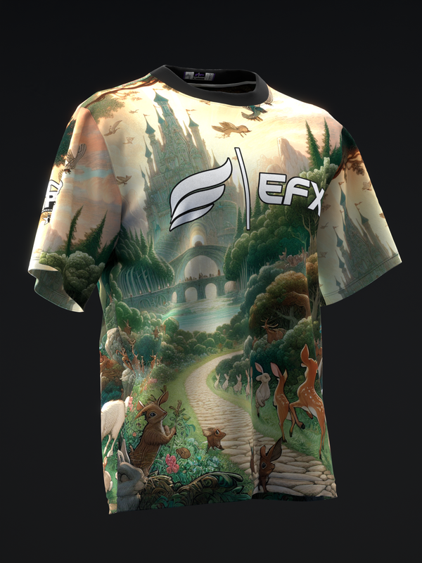 Front view of bowling jersey featuring enchanted forest landscape with wildlife and EFX logo