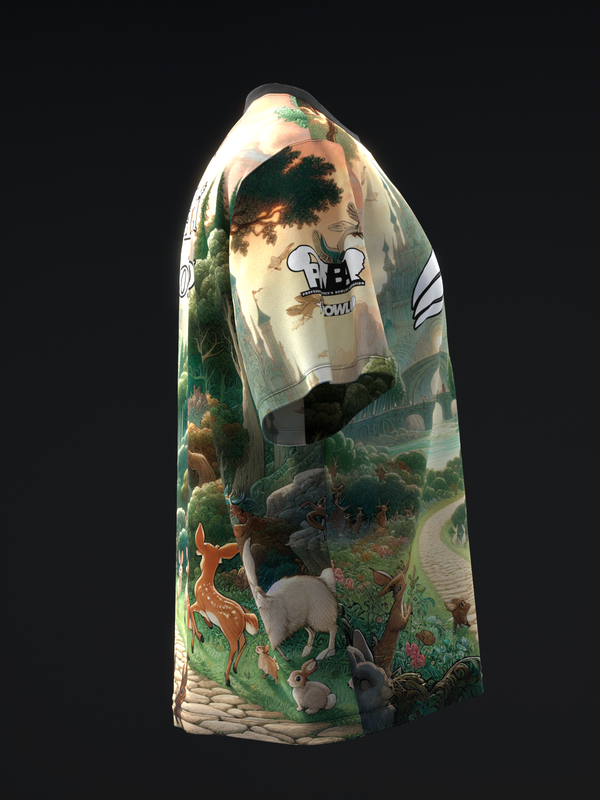 Cream bowling jersey with enchanted forest landscape graphic wrapping around body
