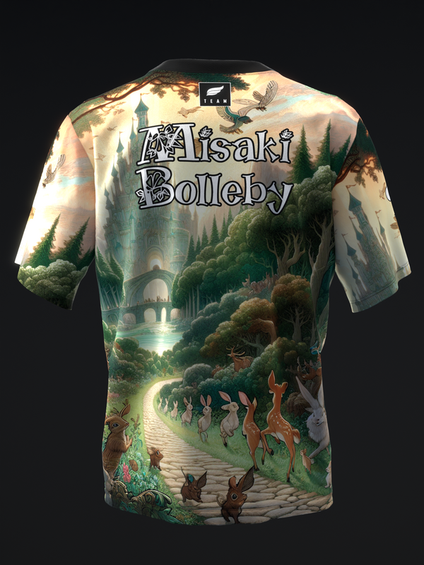 Bowling jersey back view with fantasy forest and wildlife illustration
