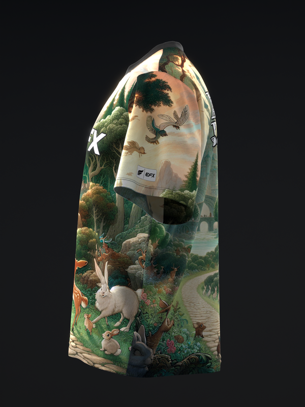 Cream and green bowling jersey with enchanted forest landscape graphic and wildlife
