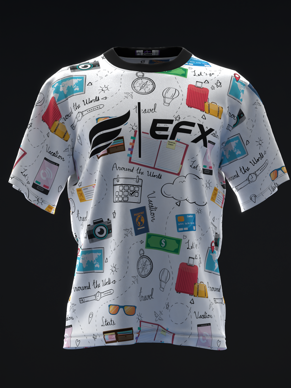 White bowling jersey with travel doodle graphics and EFX logo, front view