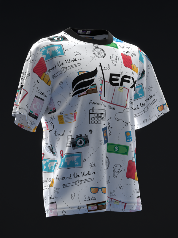 White bowling jersey with travel doodle graphics and EFX logo, front view