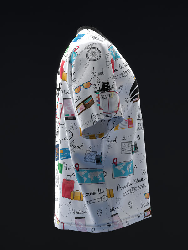 White bowling jersey with colorful travel-themed doodle pattern, front view