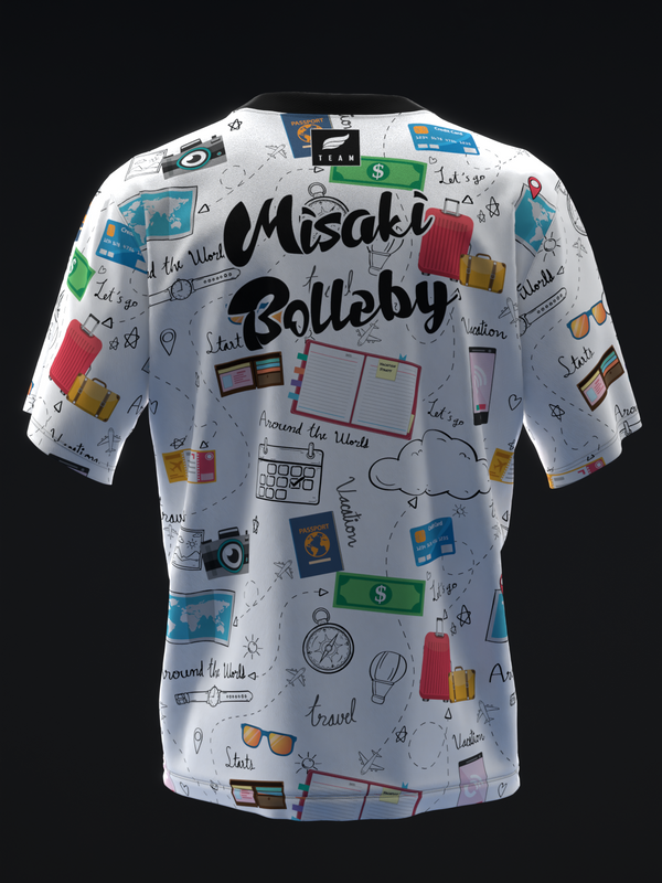White bowling jersey with travel-themed doodles and black Misaki Bolleby text, back view
