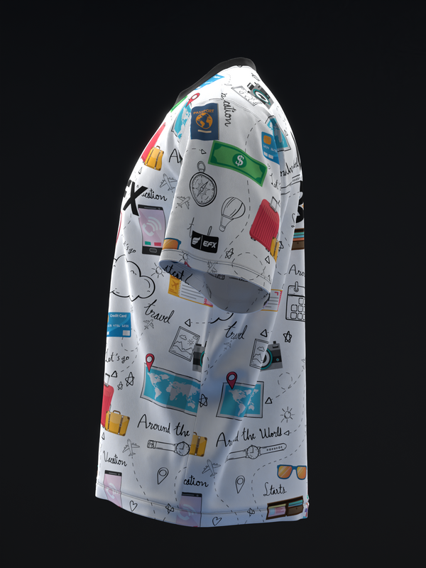 White bowling jersey with travel-themed doodles and colorful illustrations throughout