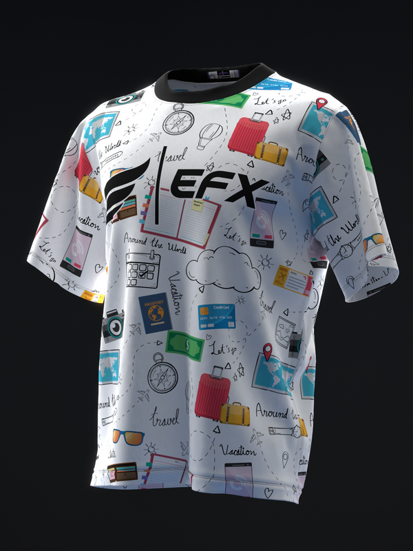 White bowling jersey with travel-themed doodles and EFX branding, front view