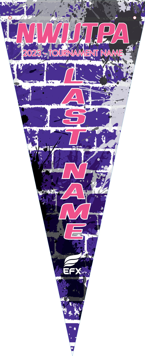 Purple bowling pennant with pink text and grunge brick pattern design