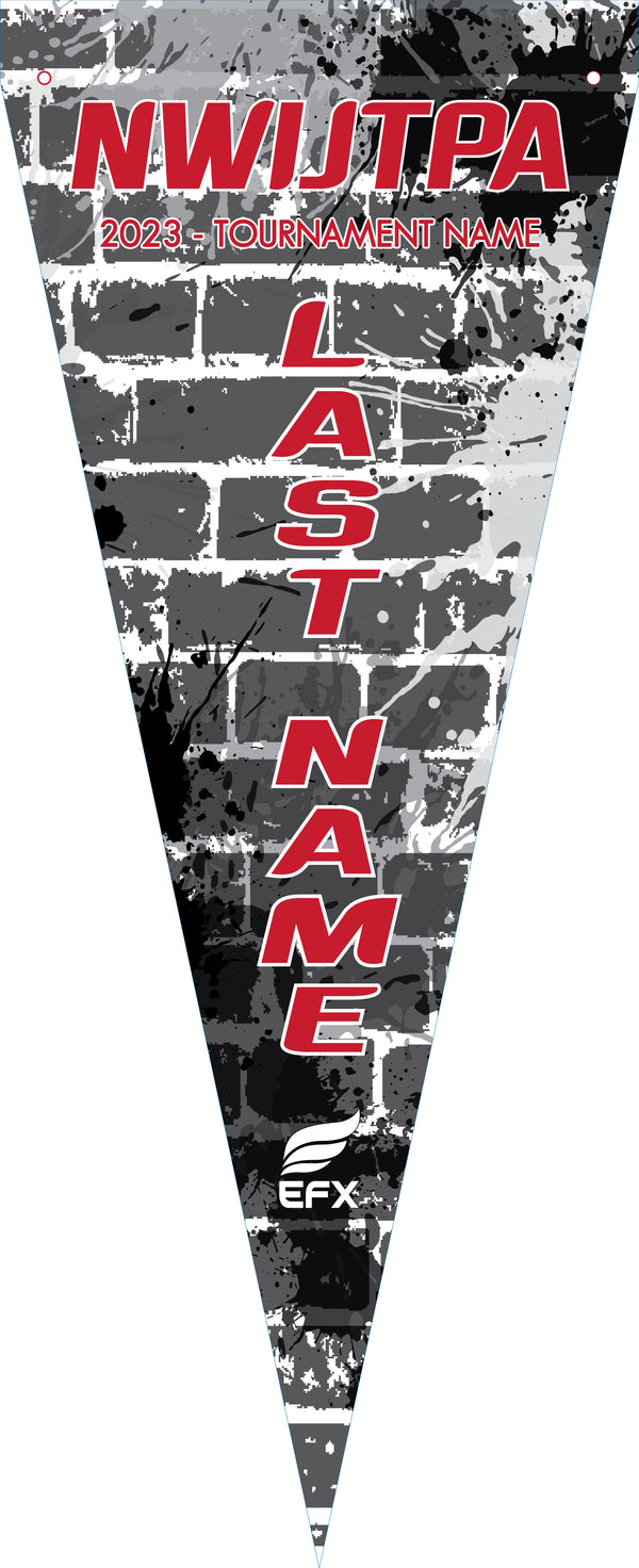 Black and white grunge bowling pennant with red text and NWIJTPA logo