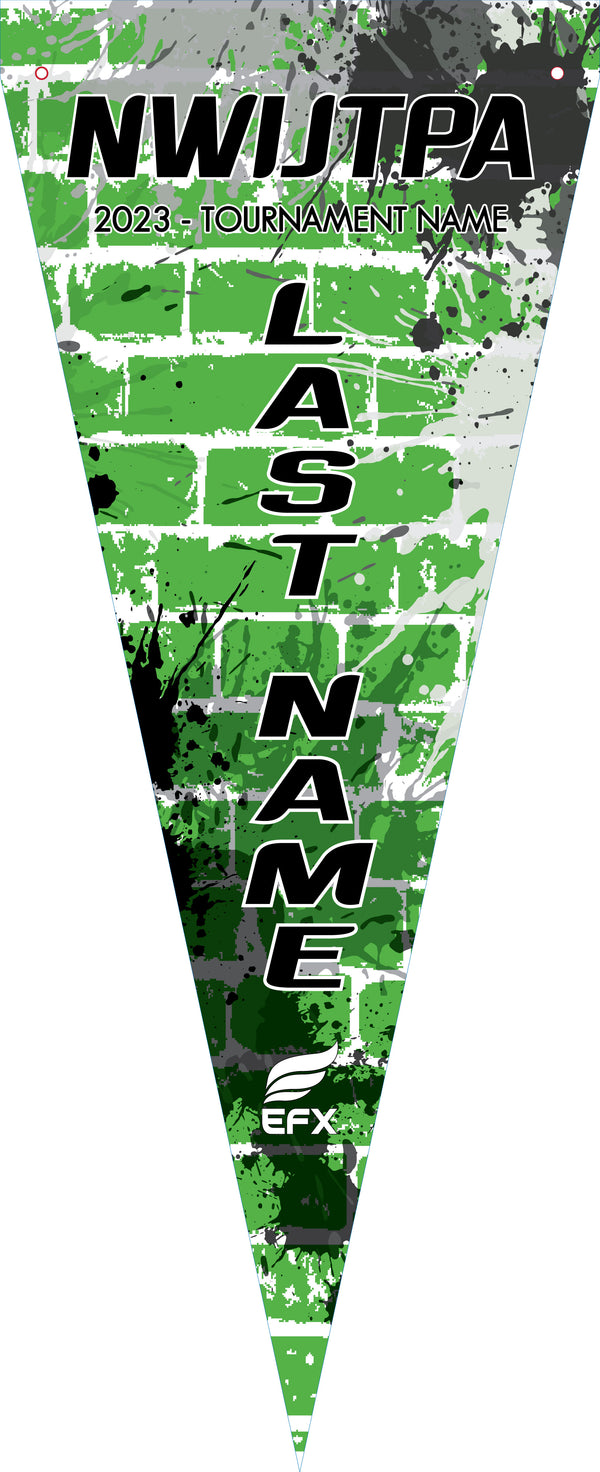 Green and gray grunge bowling pennant with vertical text design