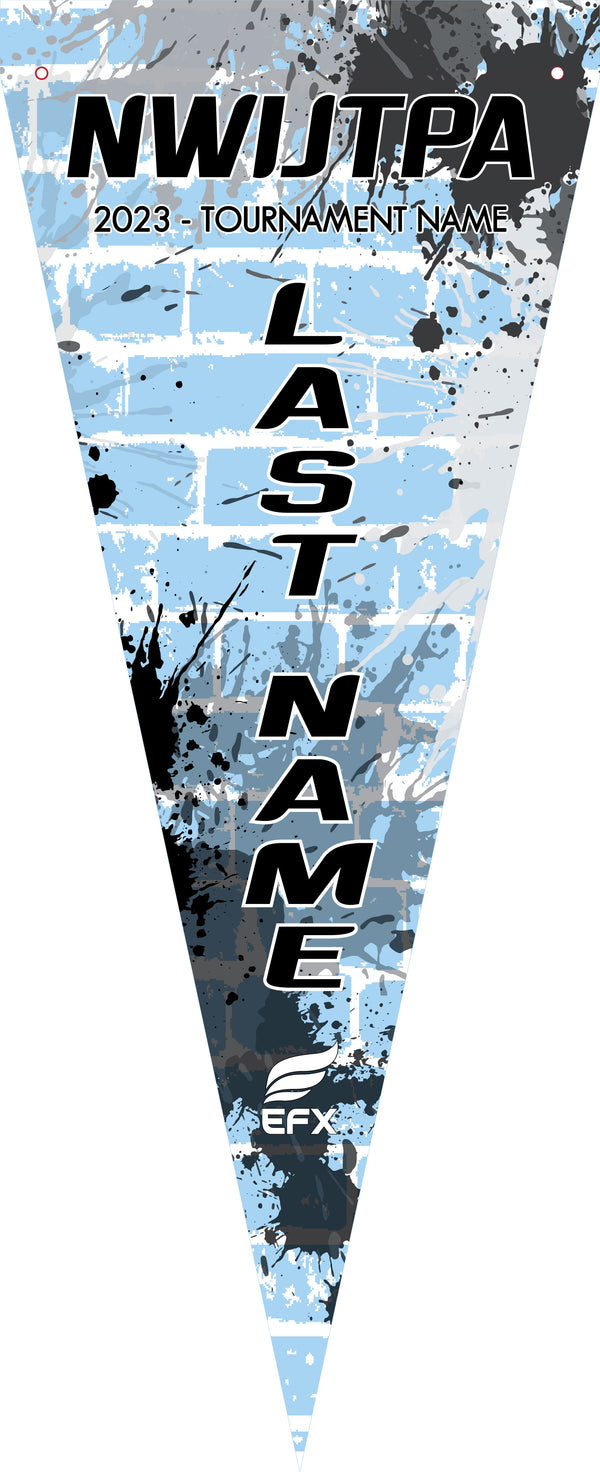 Light blue bowling pennant with black splatter design and vertical text layout